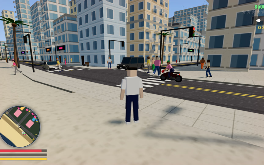 Rušná križovatka s chodcami, premávkou a motorkou v GTA hre od Claude Fable 5.1