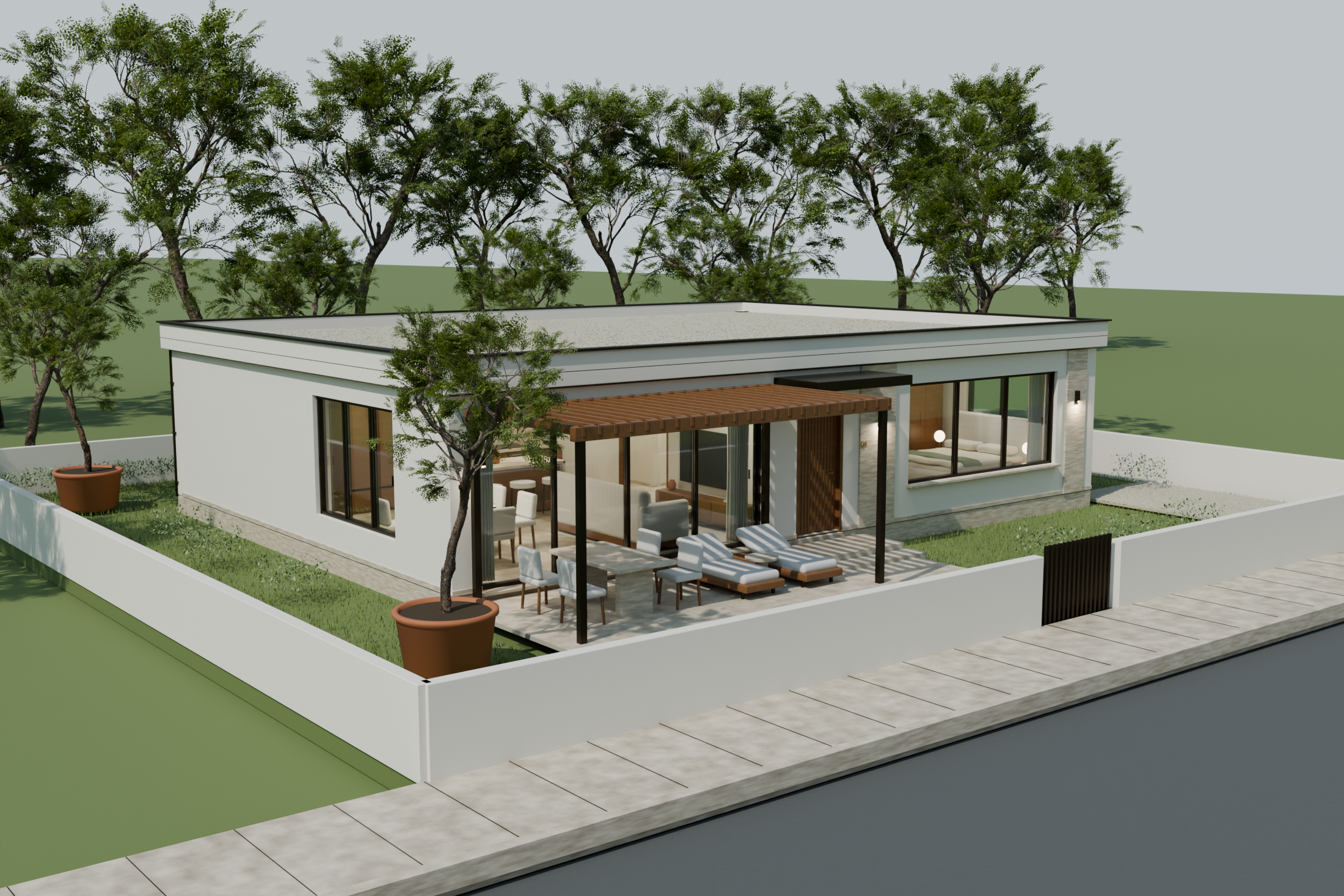 Exteriérový render bungalovu Casa Oliva vytvoreného modelom GPT-6 Astra