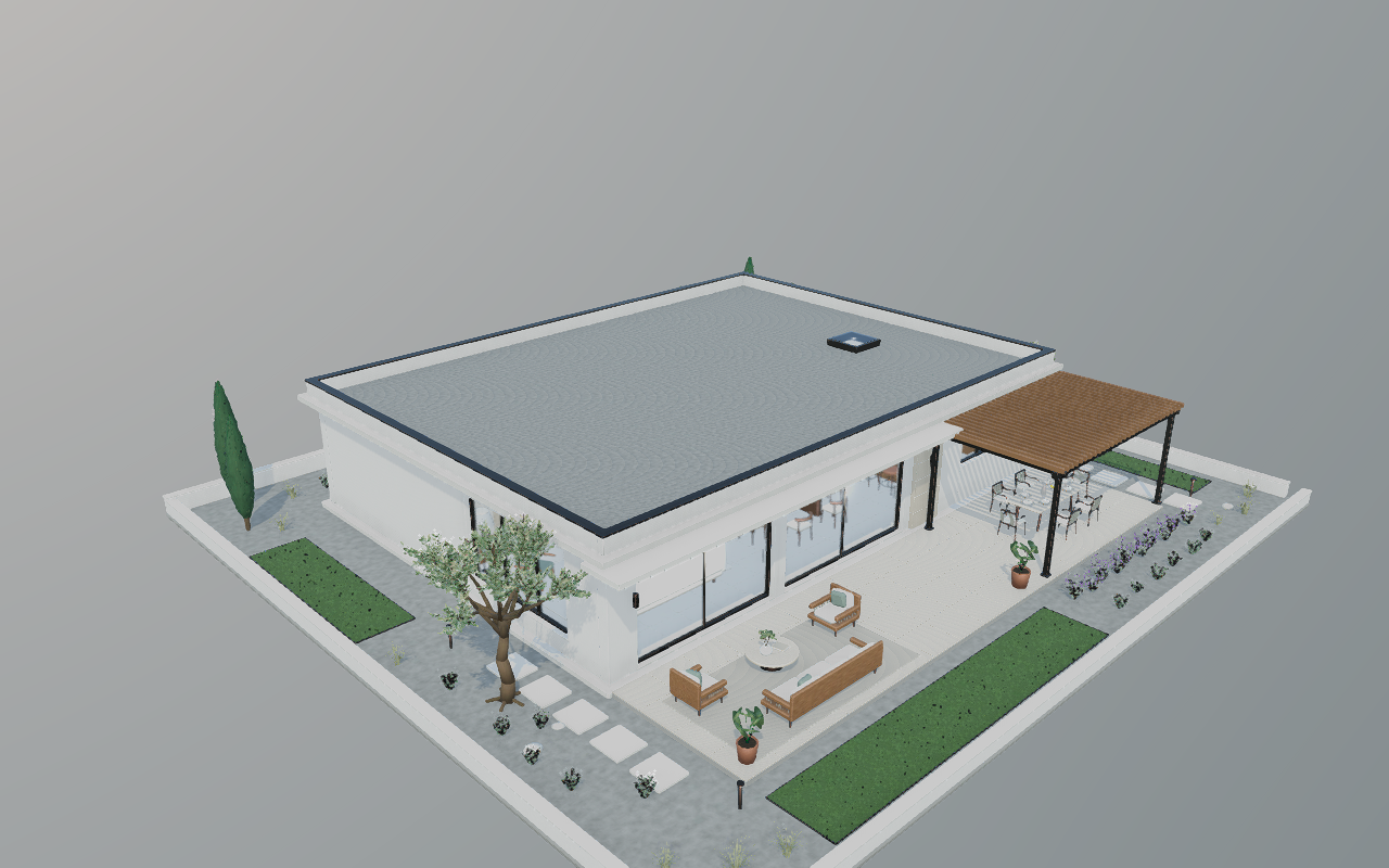 Náhľad bungalovu z 3D vieweru Villa Oliva vytvoreného modelom GPT-6 Astra