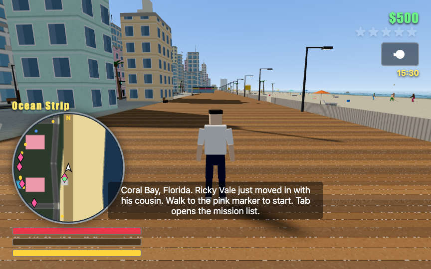 Gameplay screenshot GTA hry vygenerovanej modelom Claude Fable 5.1
