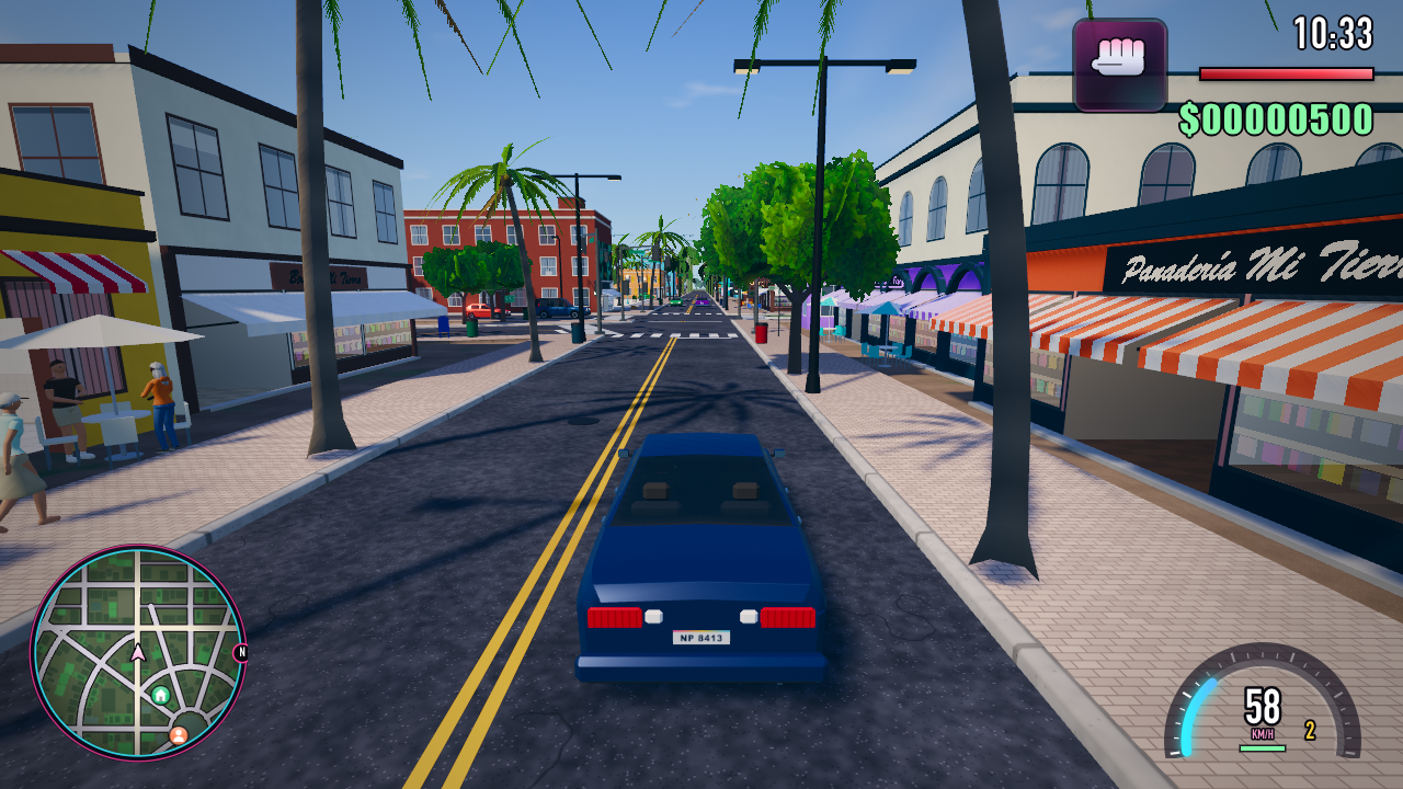 Gameplay screenshot z hry Neon Palms — Port Solana vygenerovanej modelom Claude Opus 5.5