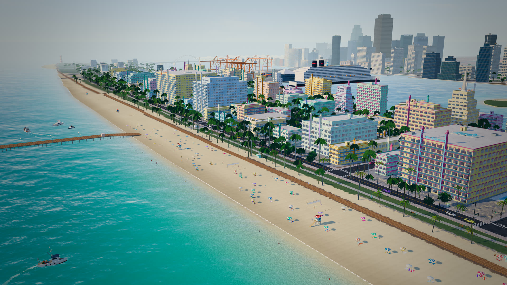 Morning over Ocean Mile beach, the port and downtown Port Solana behind